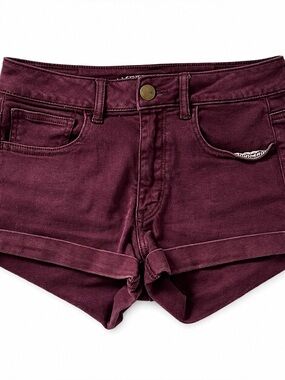 American Eagle Maroon Rolled Cuff Denim Shorts | Mid Rise Stretch
